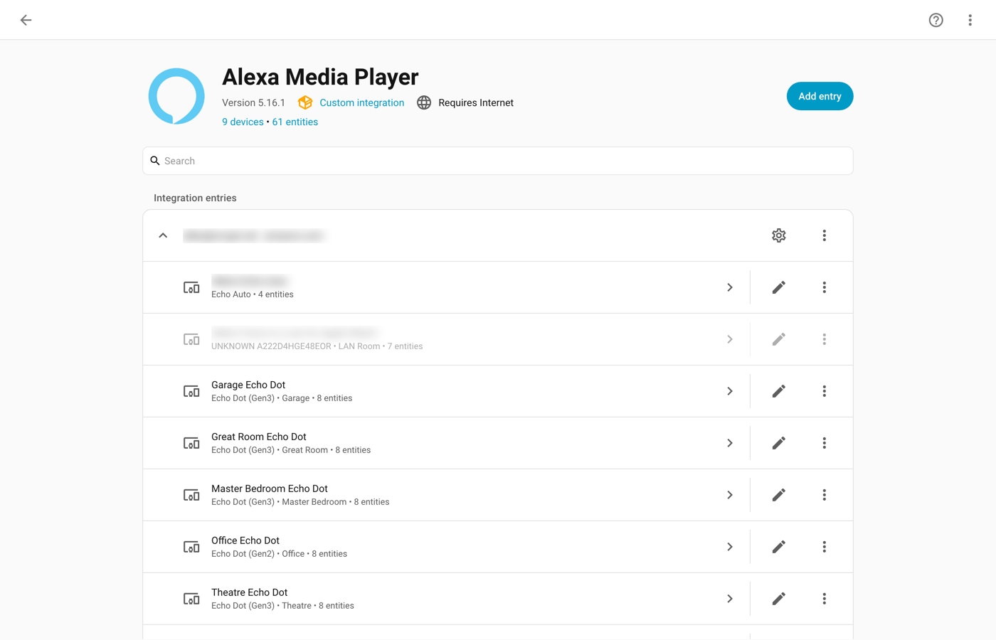 Alexa Media Player integration page listing Echo Dots in the Garage, Great Room, Master Bedroom, Office and Theatre