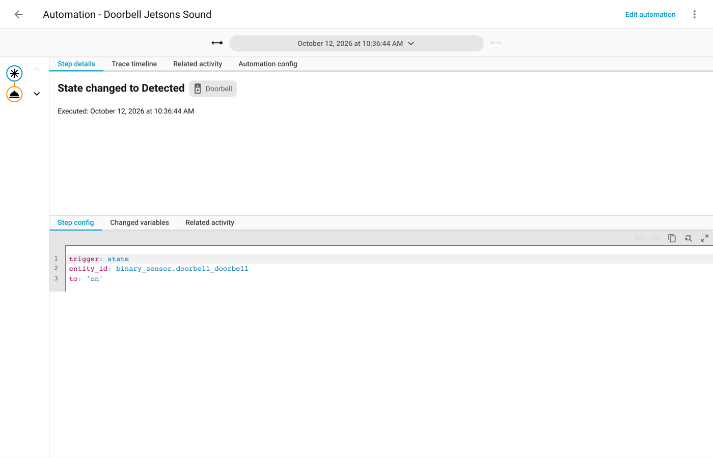 Automation trace showing the doorbell trigger firing