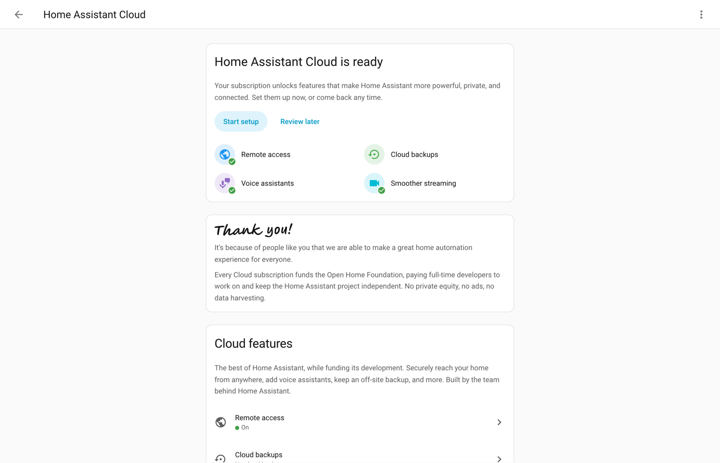 Home Assistant Cloud settings page with Remote access switched on
