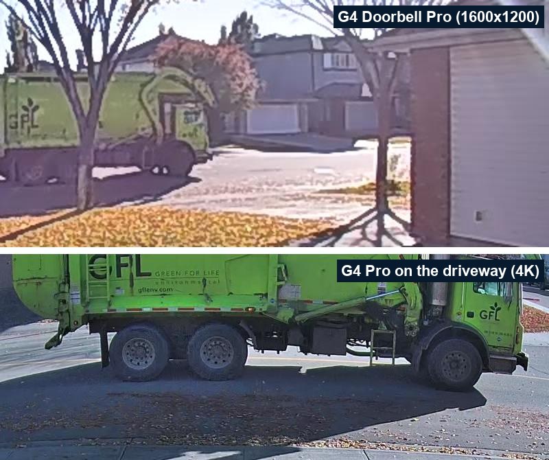 The same garbage truck at road speed, seen by the G4 Doorbell Pro and by a 4K G4 Pro camera