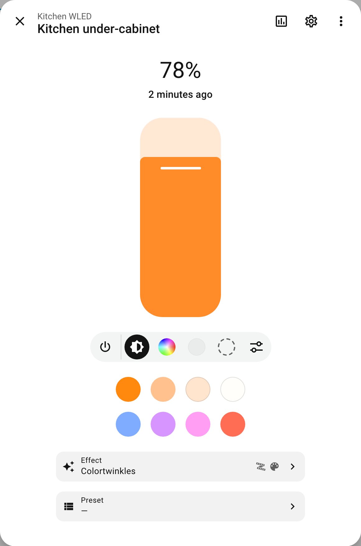 A WLED light's dialog in Home Assistant with WLED More-Info installed
